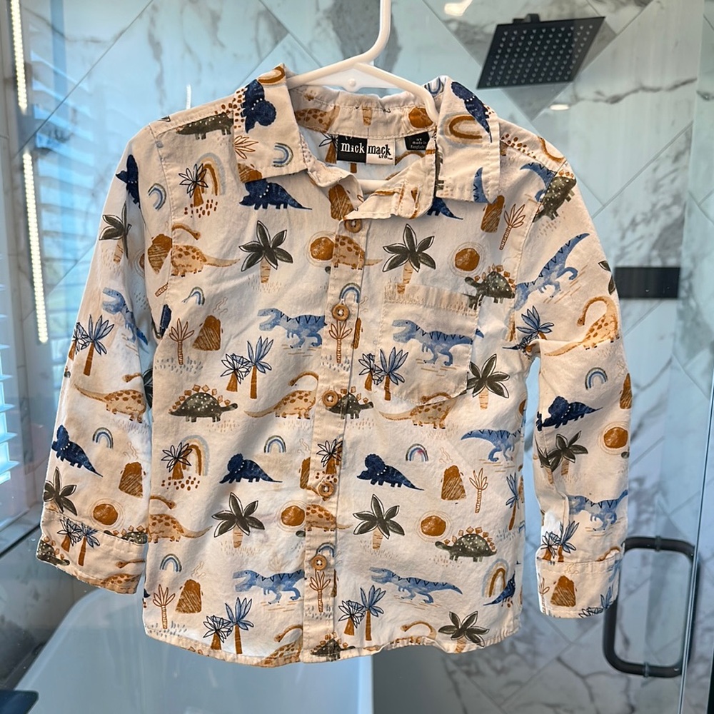 Blue and White Button Down Shirt with Tropical Print